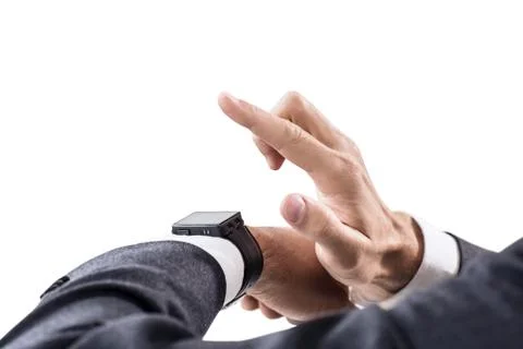 Closeup hands of man using his smartwatch. Stock Photos