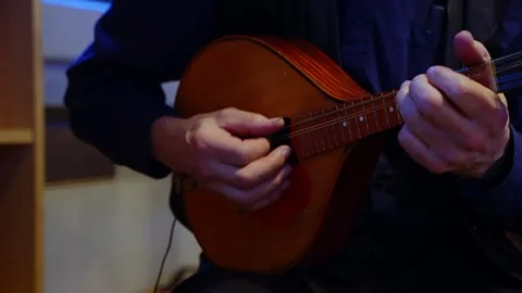Closeup of hands playing a lute indoors, showcasing detailed string movements Vidéo 297364865
