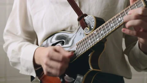 Closeup Hands Playing Mandolin, Bluegrass Acoustic Instrument Video stock 237646214