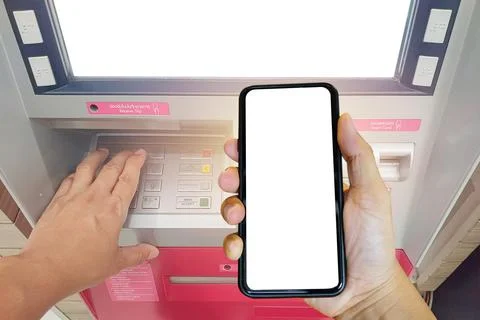 Closeup hands to press the ATM key in the red cabinet. Finger pressing a pin  Stock Photos