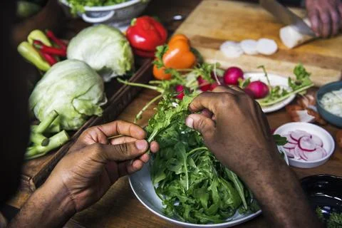 Closeup of hands with rocket salad prepare to cook Stock Photos