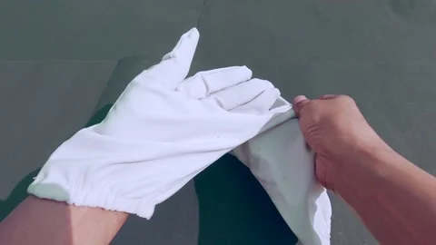 Closeup Hands safely remove Synthetic Nitrile Hand Gloves. Hands taking off d Stock Footage 167259505
