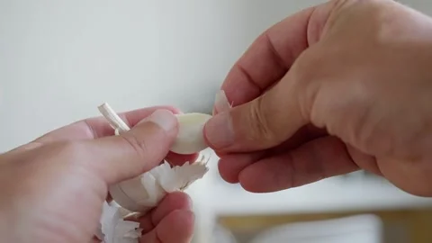 Closeup of hands skillfully peeling a garlic bulb, ideal for various culinary Stock Footage 313224816