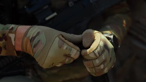 Closeup Hands in Tactical Gloves Loading Bullets Magazine Stock Footage 343614113