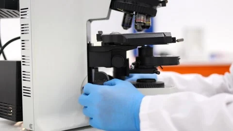 Closeup of hands using microscope Stock Footage 255196174