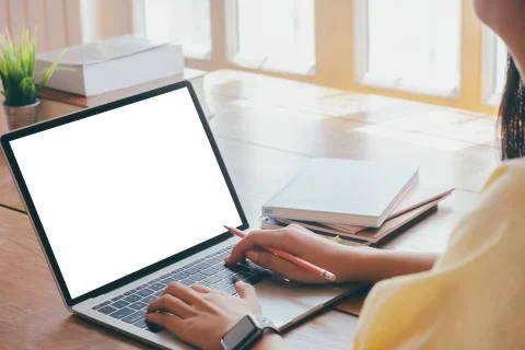 Closeup hands using smartphone mockup at the office desk. Stock Photos