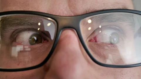 Closeup of hazel green eyes blinking, person in glasses blinking, iris and pupil Video stock 277401060