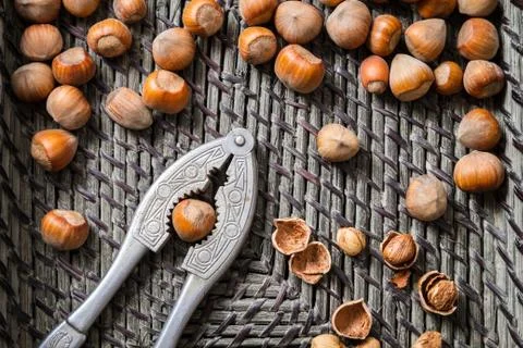 Closeup hazelnuts with nutcracker and nutshells in old basket Stock Photos