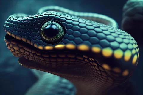 Closeup of the head of a dragon python with golden points and a body blurred bac Stock Illustration
