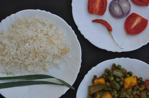 Closeup high angle view of rice, matar paneer mix veg and salad on white plate Stock Photos