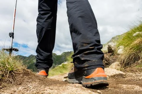Closeup of hiking boots. Stock Photos