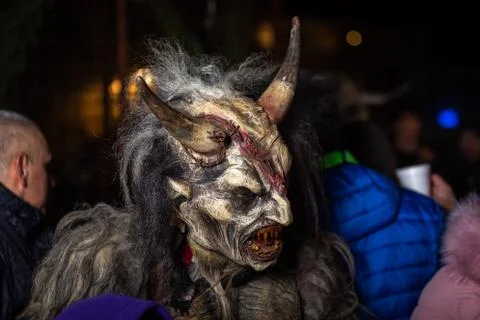 Closeup on horned devil in traditional krampuslauf Stock Photos
