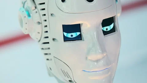 Closeup of human robot blinking eyes at export forum Video stock 254773176