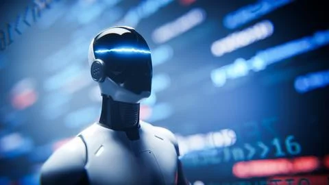 Closeup humanoid AI robot assistant with glowing code background. Stock-Illustration