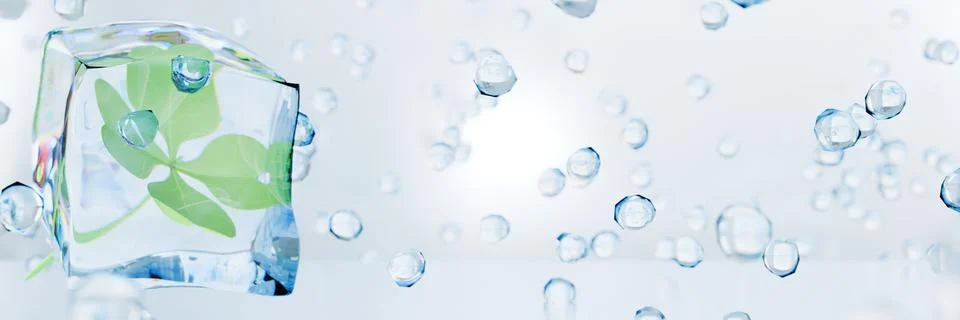 A closeup of an ice cube with a leaf inside, surrounded by water droplets Illustrazione stock