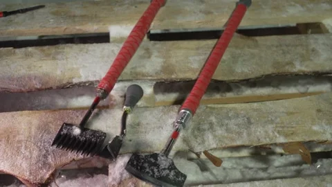 Closeup of ice sculptor tools on the table Video stock 268741451