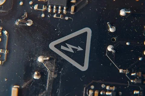 Closeup image of a circuit board featuring a prominent electrical warning symbol Stock Photos