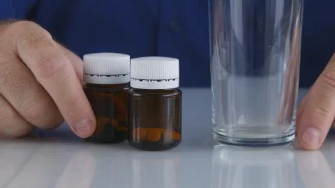 Closeup Image with Man Hands Taking from the Table Medical Pills  스톡 사진