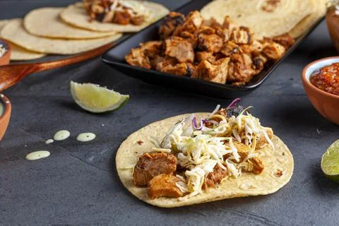 Closeup image of a Mexican taco dish with corn tortillas, precooked, preseaso Stock-Fotos