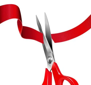 Closeup image of scissors cutting a red ribbon Stock Illustration