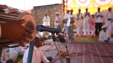 Closeup of an Indian barrel-shaped two-headed drum called Pakhavaj Stock Footage 77192447