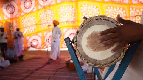 Closeup of an Indian barrel-shaped two-headed drum called Pakhavaj Stock Footage 77192605