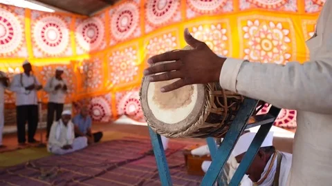 Closeup of an Indian barrel-shaped two-headed drum called Pakhavaj Stock Footage 77192690