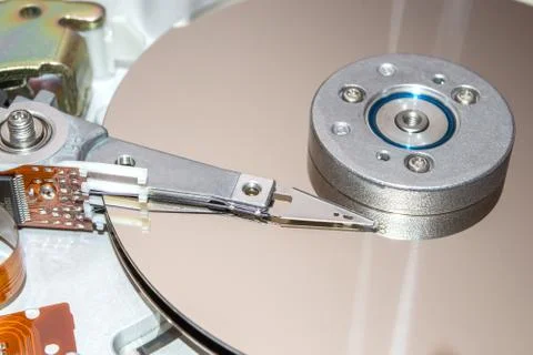 Closeup of inside of a hard disk drive. HDD. Stock-Fotos