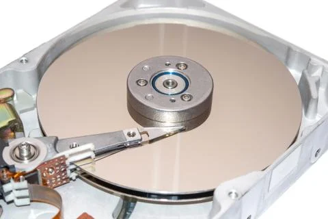 Closeup of inside of a hard disk drive HDD Stock Photos