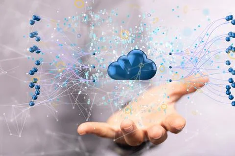 A closeup of Internet infrastructure concept in a hand, Abstract technology b 스톡 사진