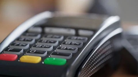 Closeup isolated concept shot of slow swiping casual pos card-reader system work Video stock 199491687