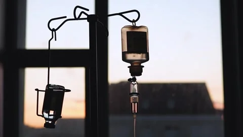 Closeup of IV drip for medicine, infusion and medication dose for patient. Stock-Footage 343513086