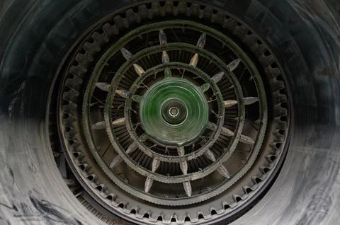 Closeup Of Jet Engine Interior Showing Signs Of Wear. Engine Wear Marks Stockfoto's