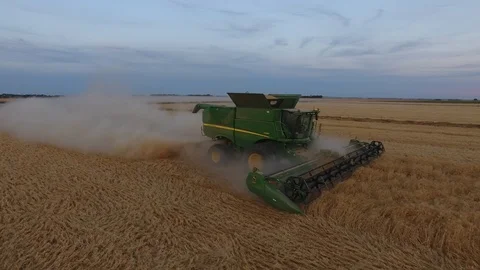 Closeup of John Deere Header harvesting wheat in rural Australia at sunset Stockbeeldmateriaal 94118525