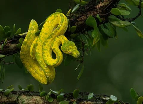 Closeup of a Juvenile Green Tree Python on a tree Foto stock