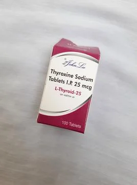 Closeup of L-THYROID-25 or Thyroxoin Sodium 25 mcg Johnlee Pharmaceuticals Pv Stock Photos