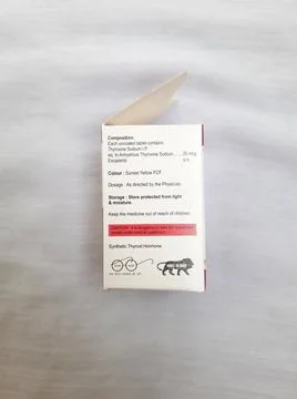 Closeup of L-THYROID-25 or Thyroxoin Sodium 25 mcg Johnlee Pharmaceuticals Pv Stock Photos