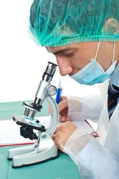 Closeup of laboratory man with microscope Stock Photos