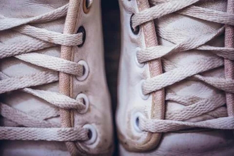 Closeup lacing background texture for design. Top view image of white sneaker Stock Photos