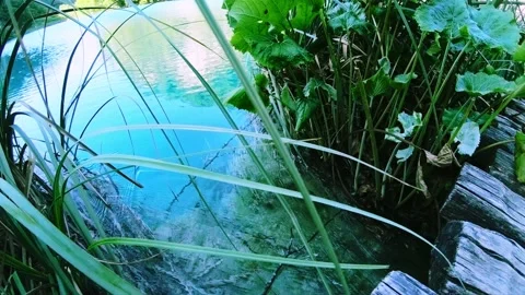 Closeup of a lake stream flowing under a wooden bridge on a calm blue lake Stock Footage 151114445