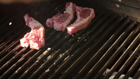 Closeup of lamb chops being placed on hot grill with tongs for barbecue Stock-Footage 332073854