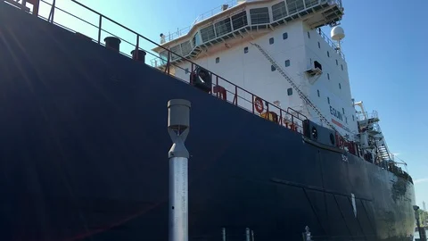 Closeup of Large Cargo Ship Passing Through Welland Canal's Lock 1 Bridge Stock Footage 91635929