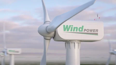 Closeup of large wind turbine seen from above with generic "Wind Power" logo. Vídeos de archivo 336407156