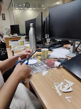 Closeup of learning resin art session in a office with group of colleague i.. Stock Photos