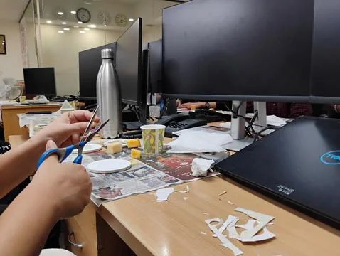 Closeup of learning resin art session in a office with group of colleague i.. Stock Photos