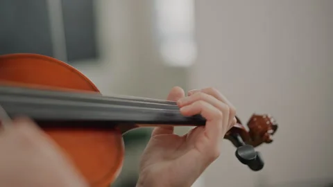 Closeup of left hand on violin showing precise intonation and shifts. Detailed Stock Footage 346555514