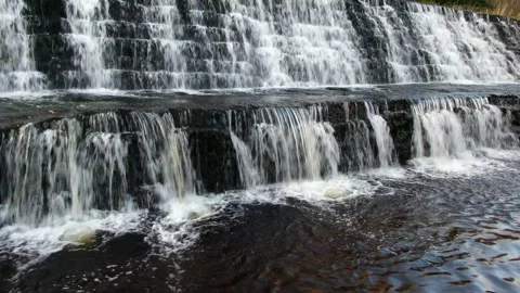 A closeup left to right pan of waterfall. Stock Footage 152051569