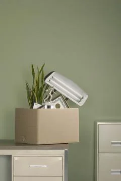 Closeup of a light and picture frames in a box against a wall Stock Photos
