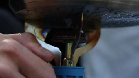 Closeup Lighting Camping Stove with Lighter Stock Footage 270415001