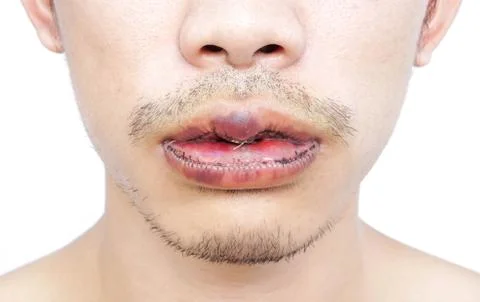 Closeup lips man upper and lower with reduction surgery, beauty concept Stock Photos